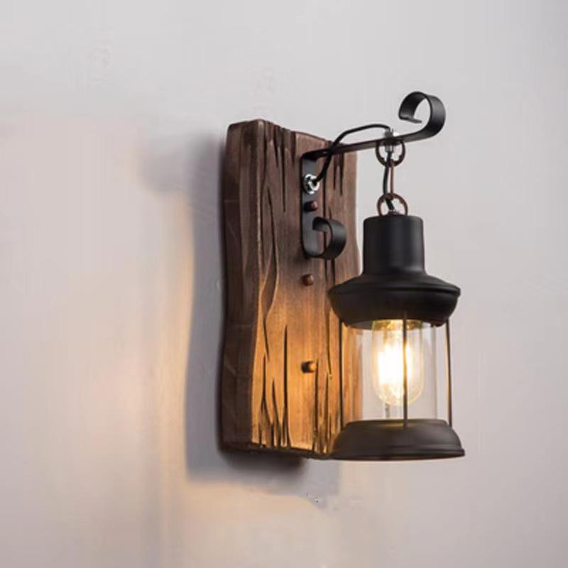 Single Head Industrial Retro Solid Wood Wall Lamp Nostalgic Style Decorative for Home Corridor Courtyard Bar Cafe Door Lighting