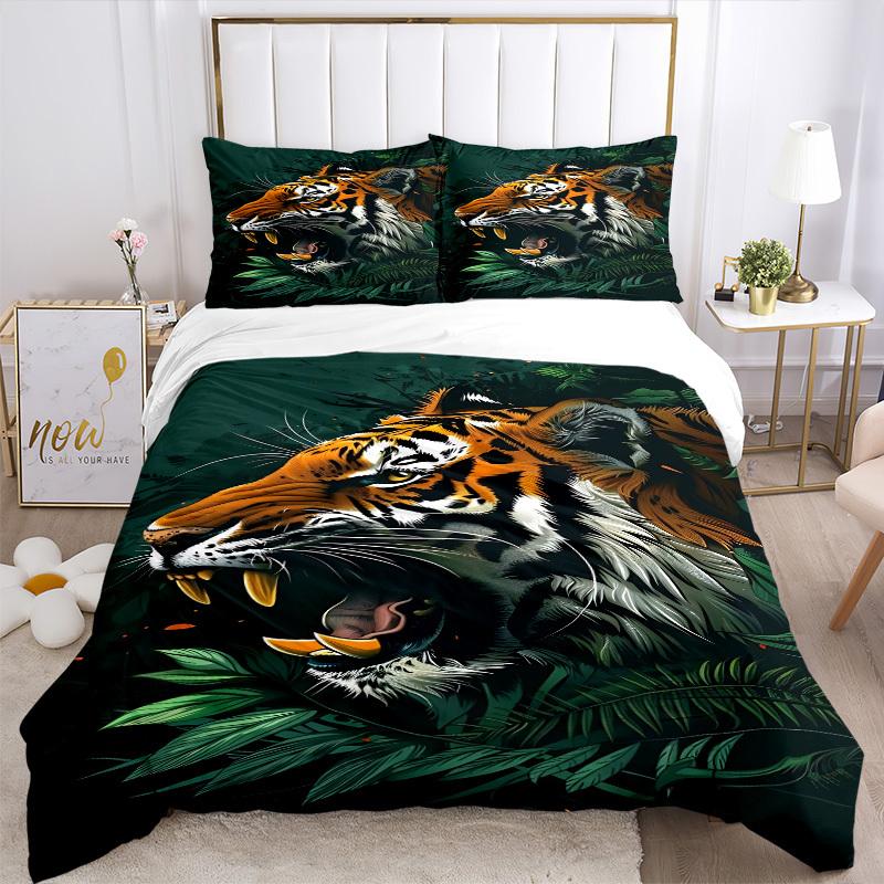 3pcs Tiger Print Bedding Set - 1 Duvet Cover + 2 Pillowcases(Core Not Included), Machine Washable Polyester yy251216155