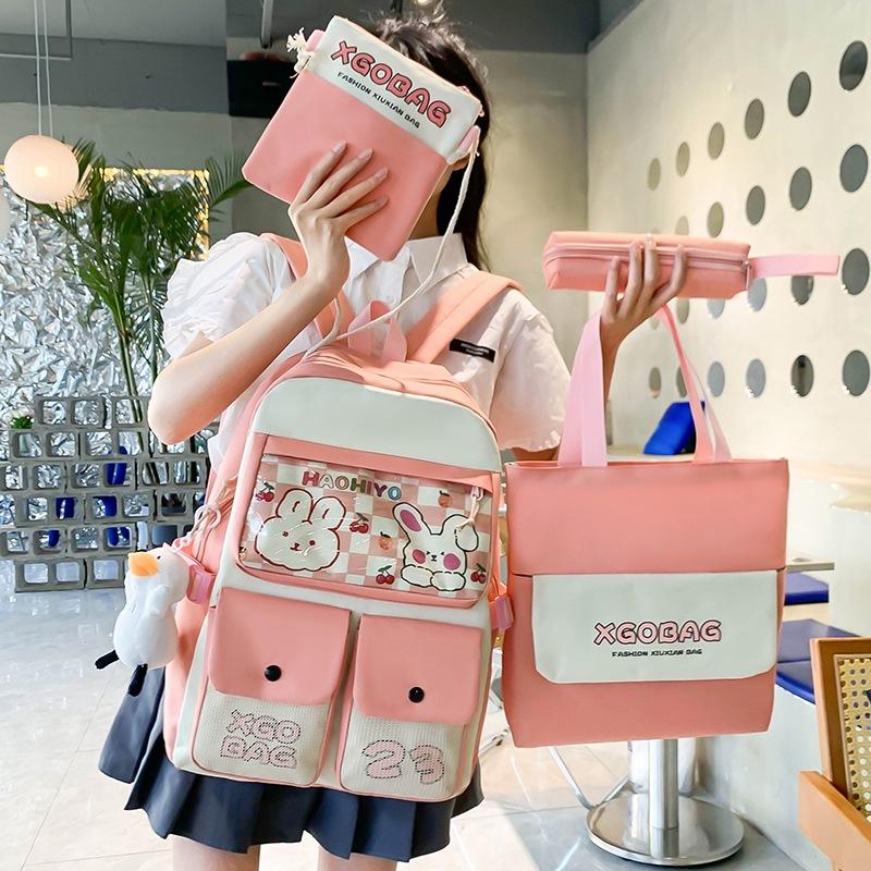 School bag, women's backpack, four-piece set, junior high school student backpack, campus college backpack.