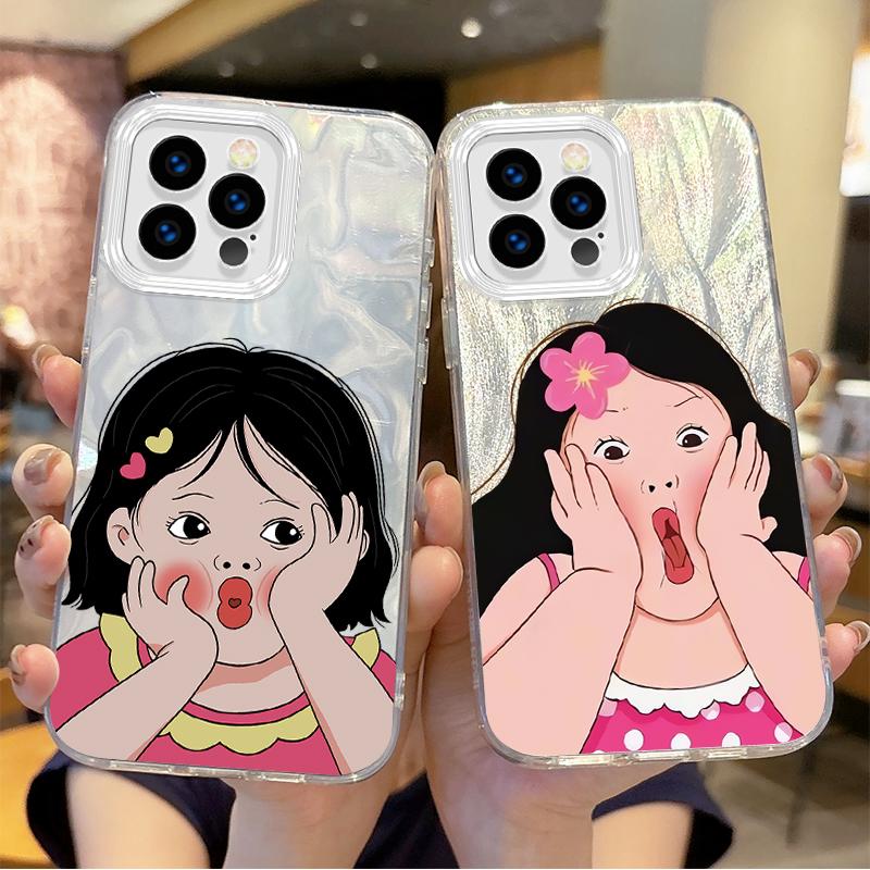 Fun Personality Cute Girl Cartoon Phone Case for iPhone16 15 14 13 12 11 8 7 6 Pro Max Plus XS XR Gradient Shockproof Back Cover