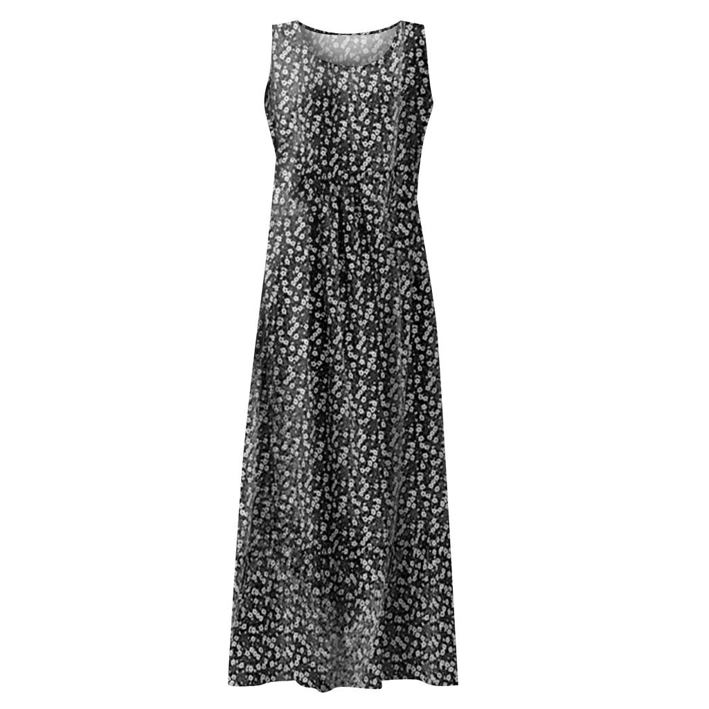 Women's Summer Round Neck Printed Sleeveless Large Swing Dress With Pockets