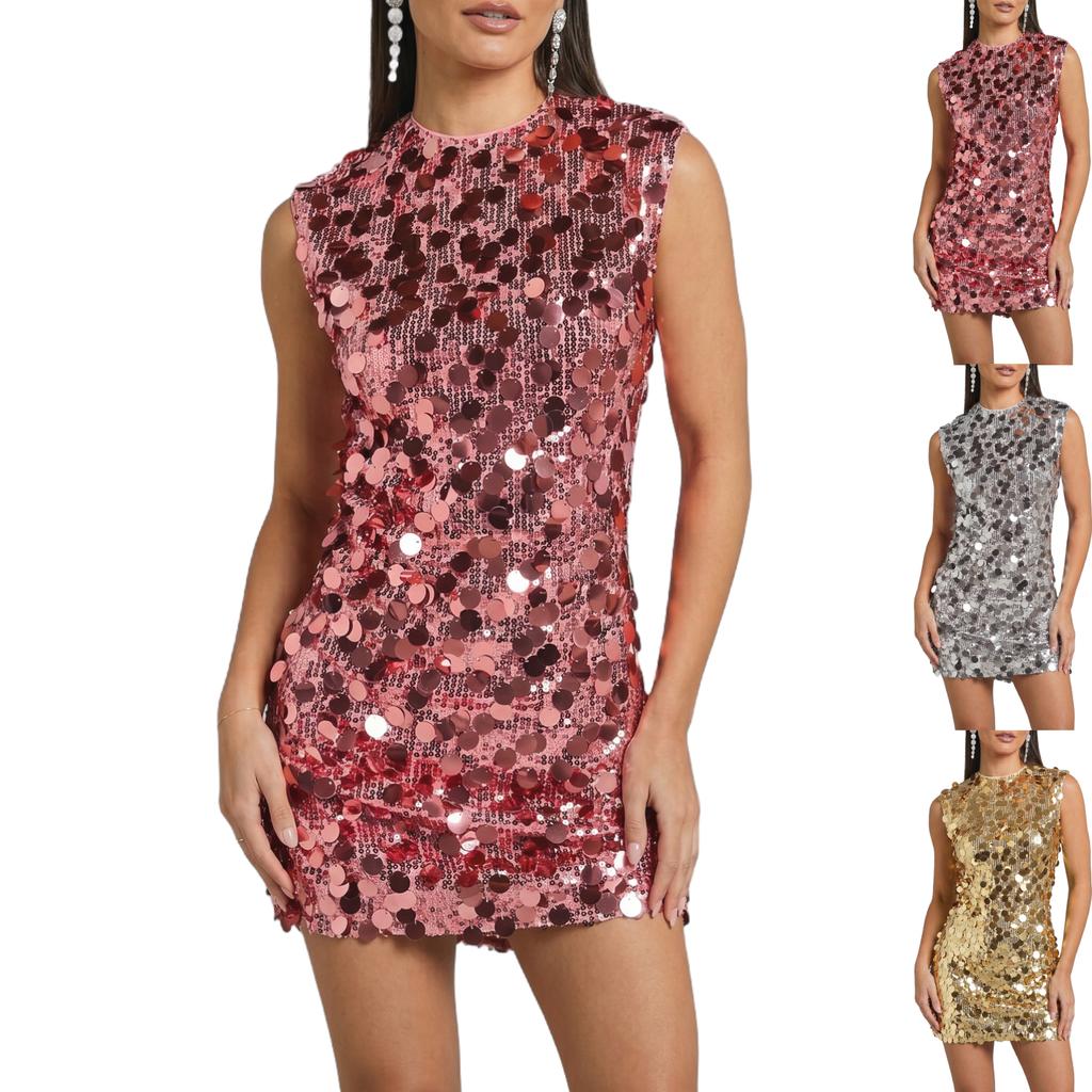 Sleeveless Sequin Bodycon Dress Mini Length Round Neck Party Dress Clubwear Elegant Fit and Flare Design for Women