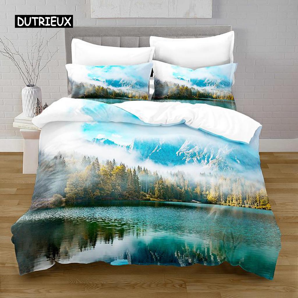 Lake Duvet Cover Set Lake Mountain Peak Stone Pattern Quilt Cover For Teens Adults Natural Scenery Theme Microfiber Bedding Set
