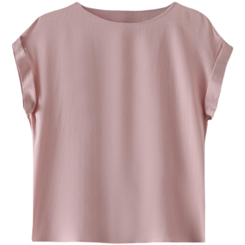 2023 Women's Slimming Short Sleeve Morandi Pink Ice Silk Cotton Casual Top