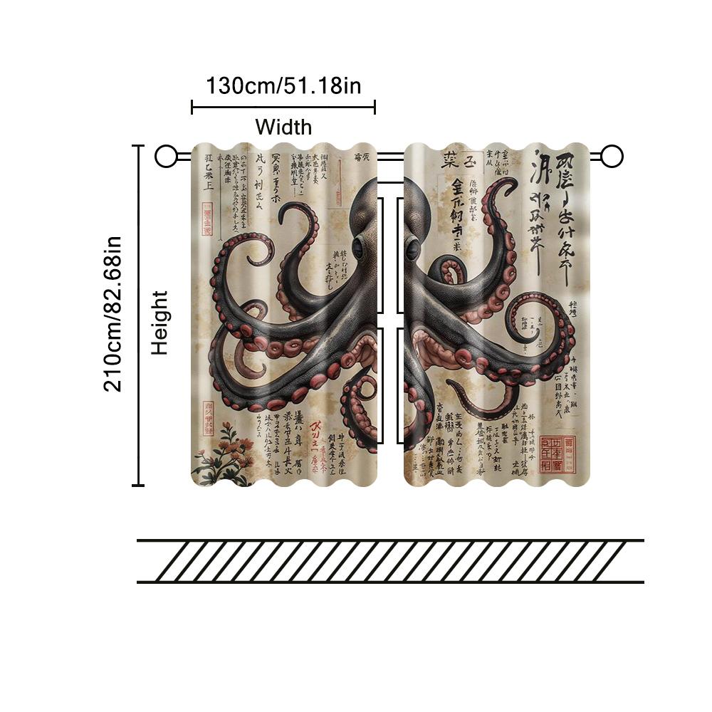 2 pcs, filtering curtains (excluding rods, non-movable, without batteries) Vintage Japanese octopusbackgroundsuitable for use in