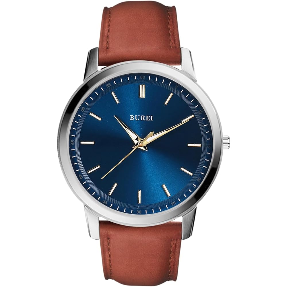BUREI Men s Analog Quartz Watch Waterproof Brown Leather Strap Silver Lightweight Business Wristwatch