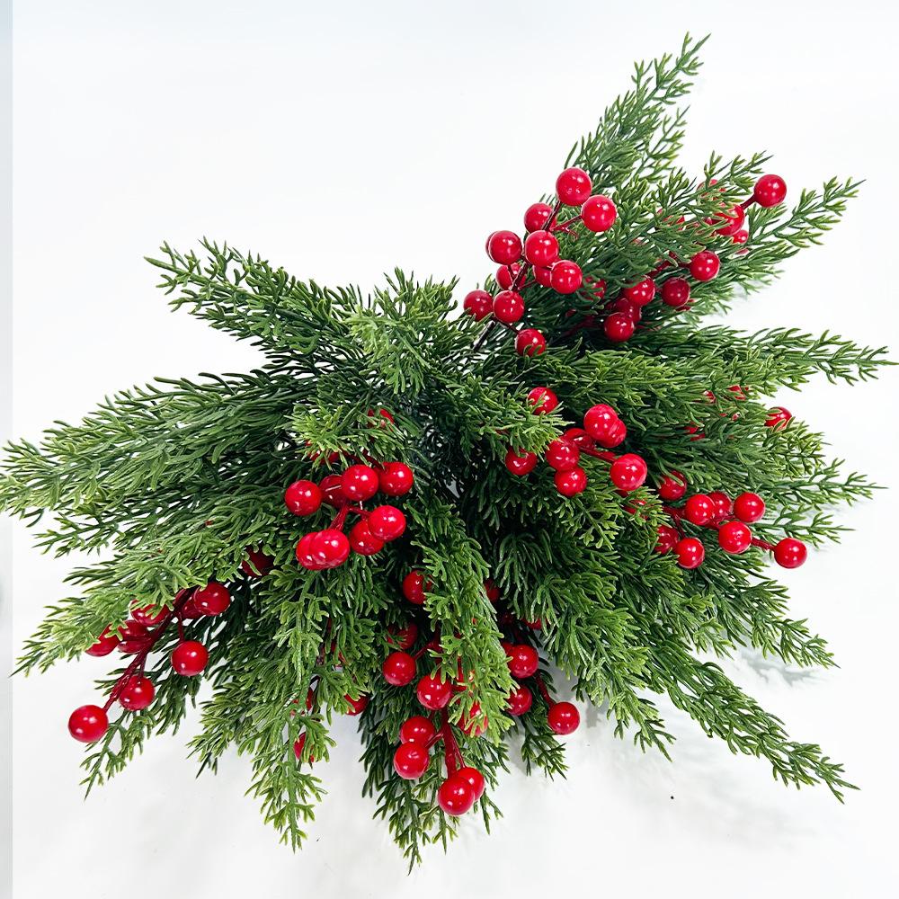 20/40/68pcs Christmas Decorative Flowers Red Berry Stems Artificial Pine Branches Fake Green Plant Pine Leaf Picks DIY