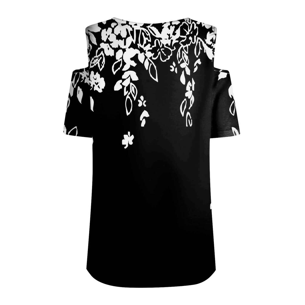 Women's Summer Fashion Casual Printed Off-Shoulder V-Neck Short Sleeve T-Shirt Top