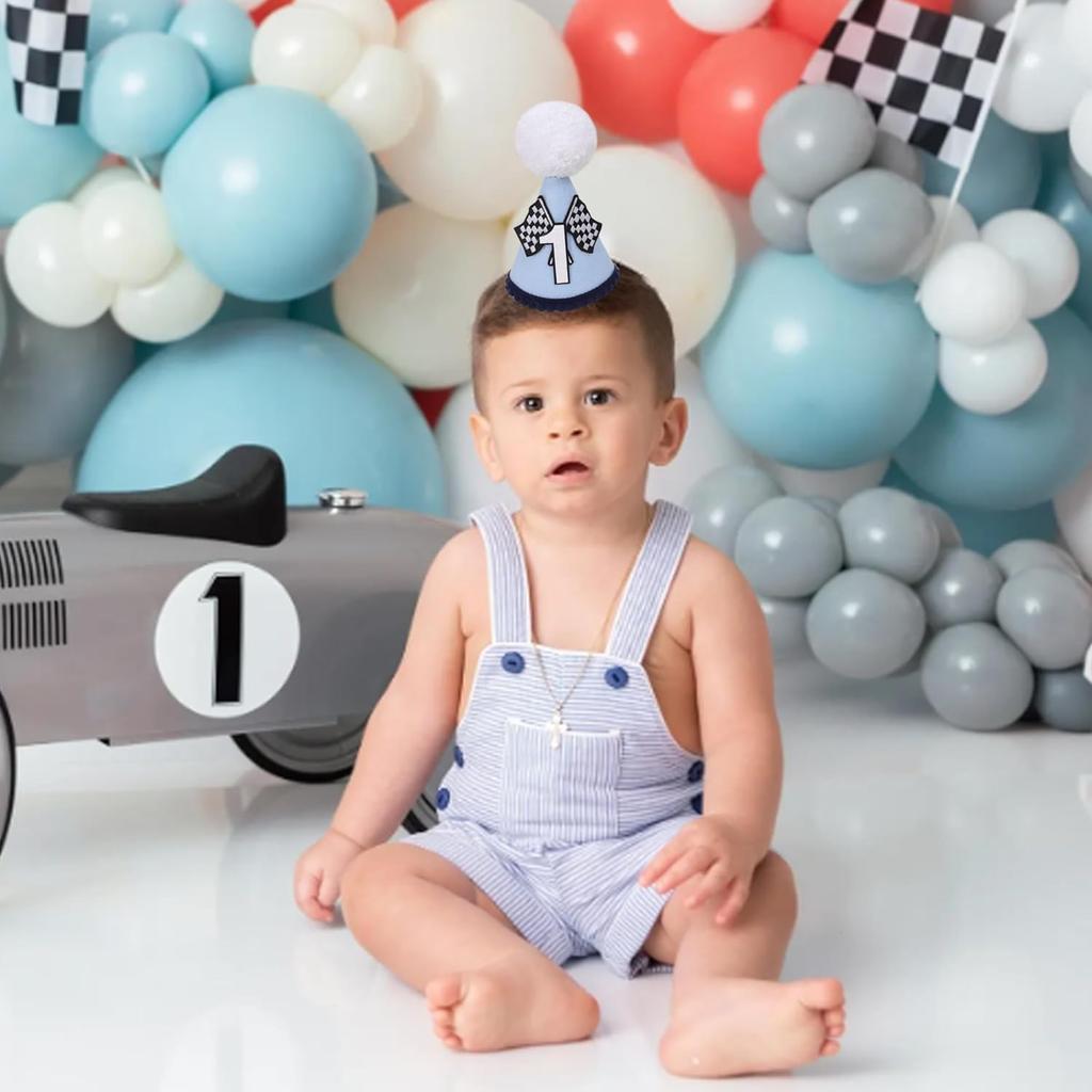 Fast One 1st Birthday Hat for Boys - Blue Race Car Themed Crown and Decorations for First Birthday Celebration