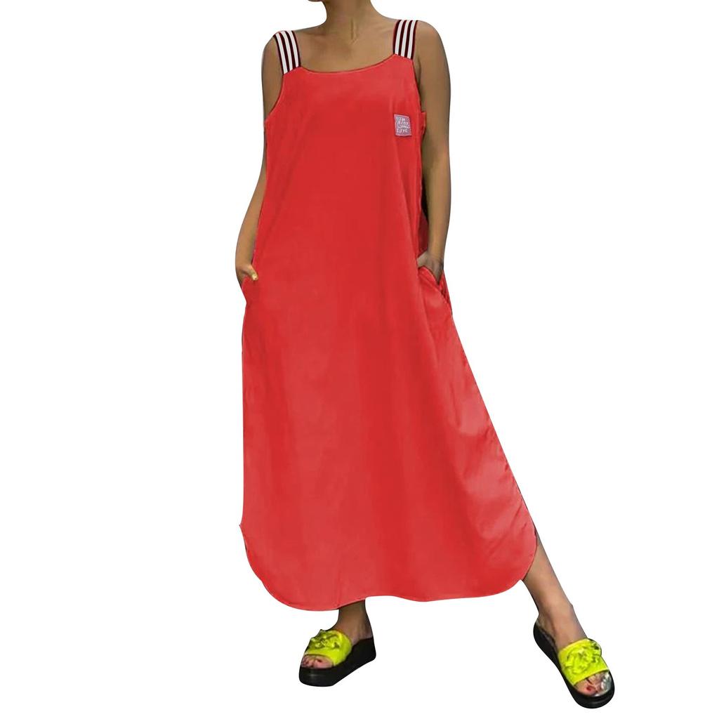 Women's Dresses Intercolor Striped Back Sleeveless Pockets Loose Casual Dresses