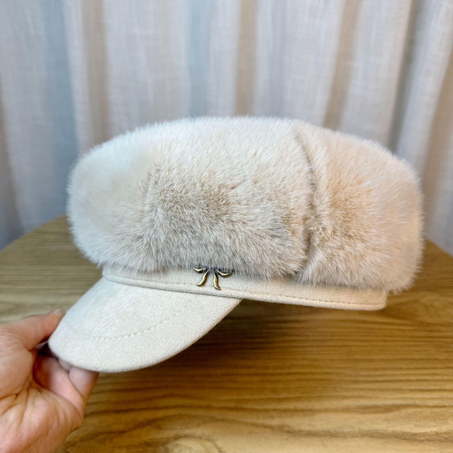 

Plush Women s Leather Brim Shows The Face Small Autumn and Winter Warm Beret Imitation Mink Newsboy Hat Octagonal Hat Tide one size