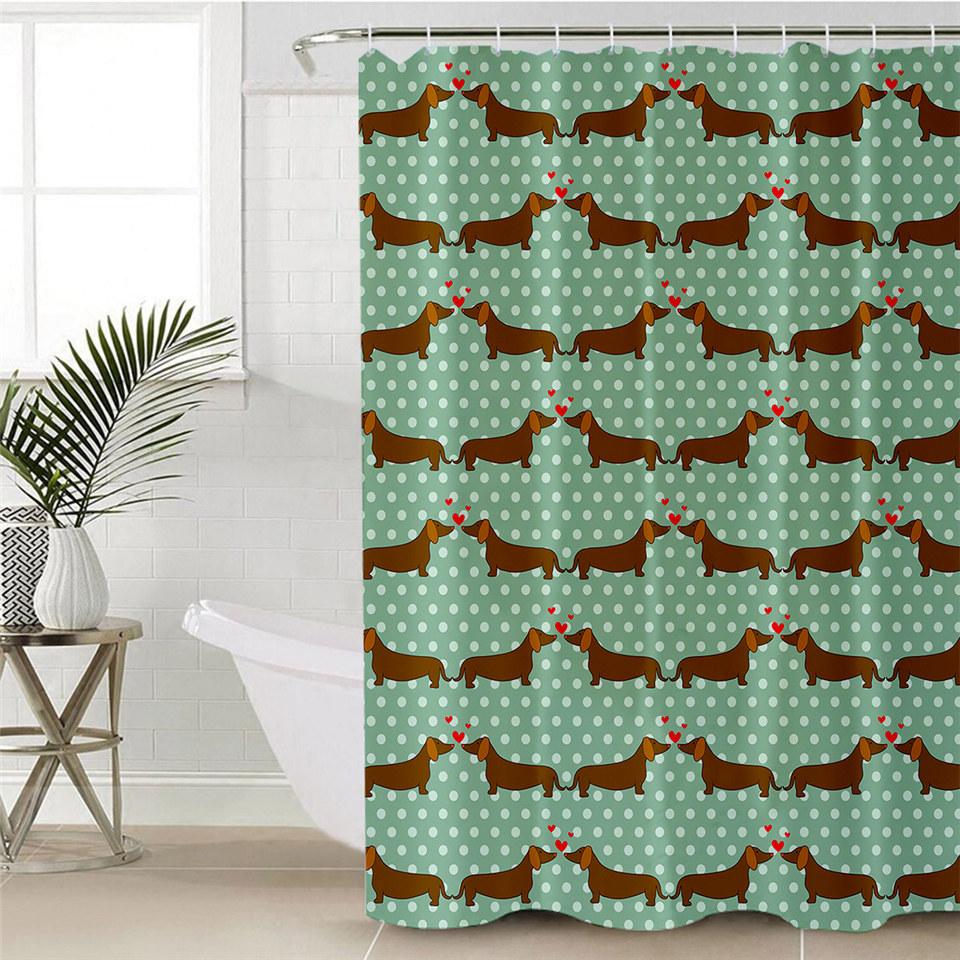 Dachshund Cartoon Dog Shower Curtain Polyester Waterproof Curtain Geometric Striped Kids Bath Curtain Home Decor with Hooks