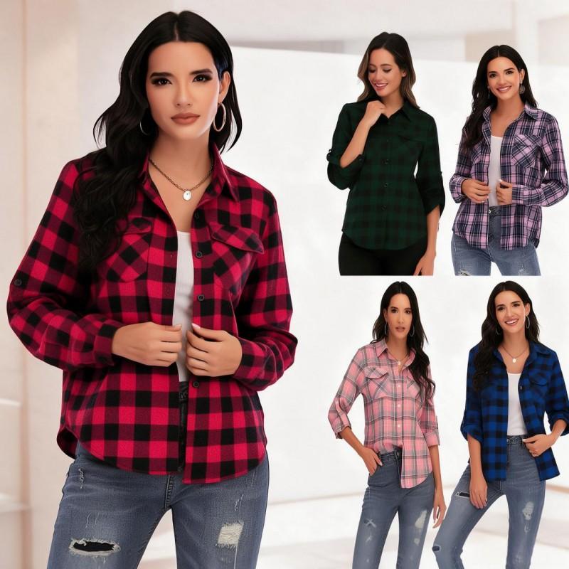 Womens Fall Winter Long Sleeve Plaid Shirt Women