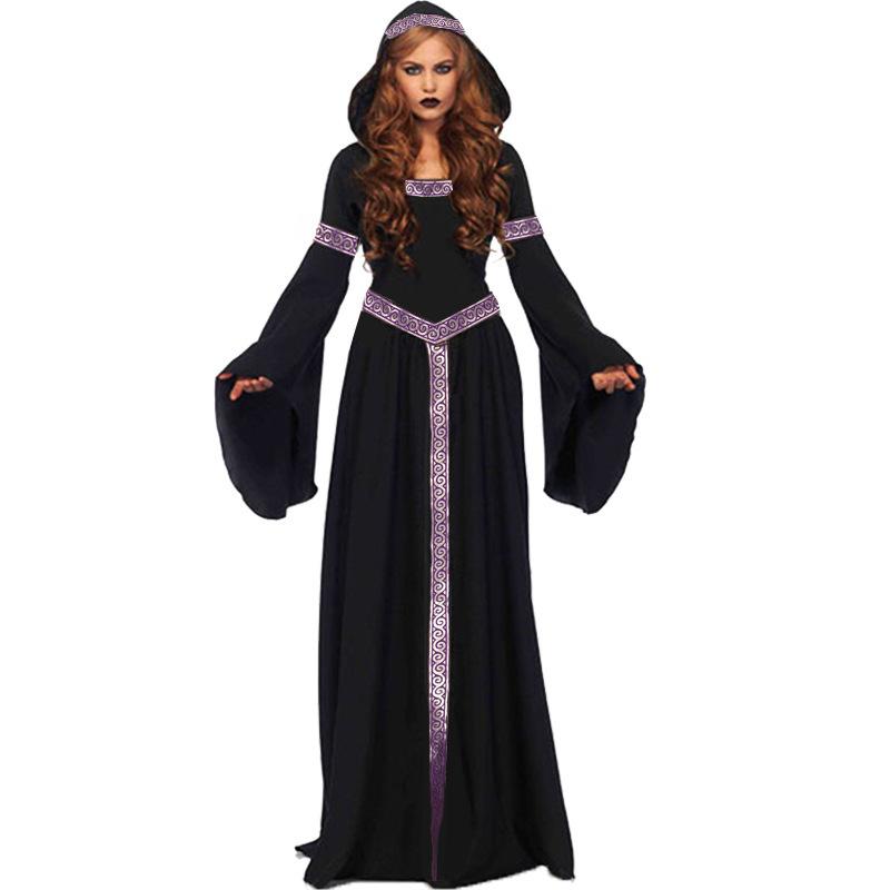 Halloween Vintage Court Costume Adult Black Witch Game Suit Witch Adult Witch Hooded Dress