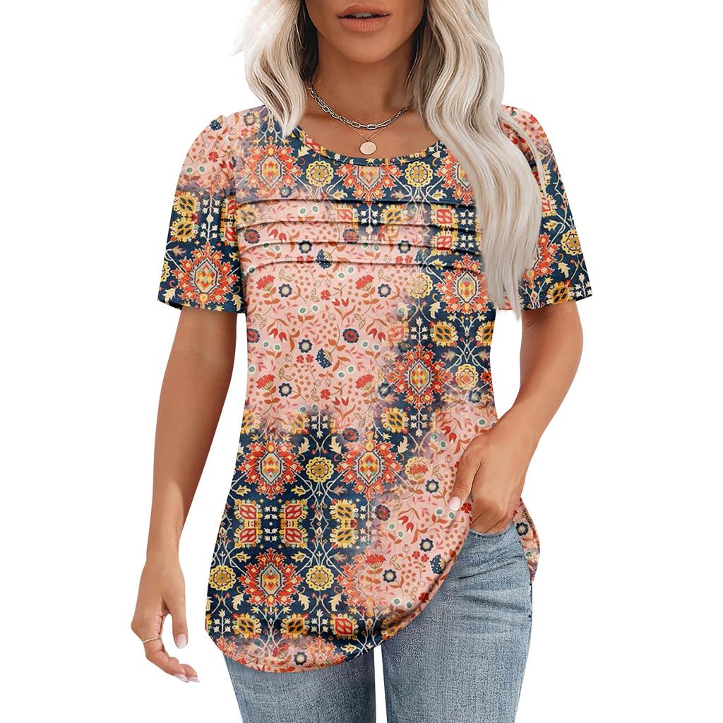 Women's T-shirt Short Sleeve Tops Elegant Casual Shirt Spring Summer Outfit Flowy Pleated Front Round Neck Summer Tops