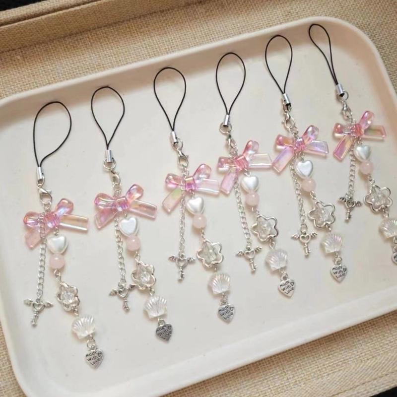 Handmade Bowknot Phone Chain Heart Pendant Keychain Rose Flower Charm Phone Lanyard Straps Acrylic Keyring Bag Ornament