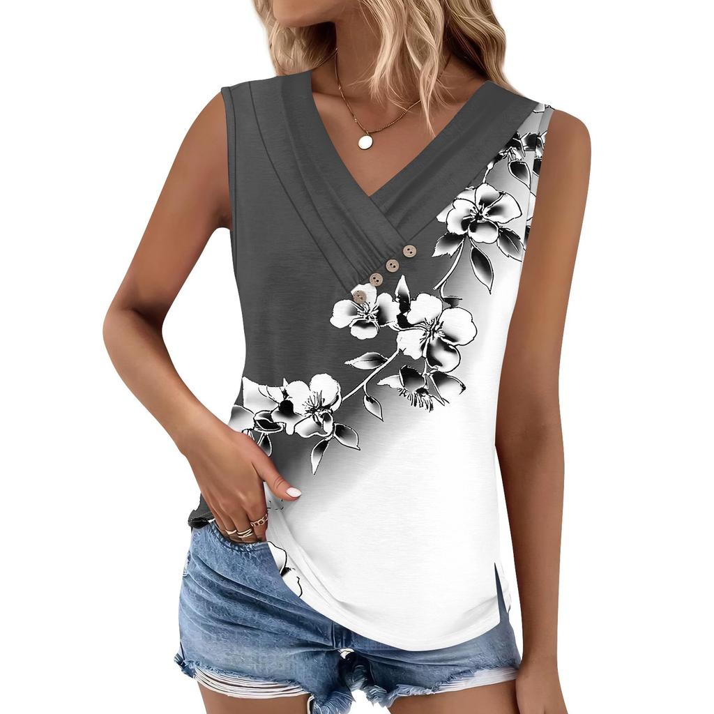 Women's Print Tank Top Button-down V-neck T-shirt Sleeveless Loose Fashion Top