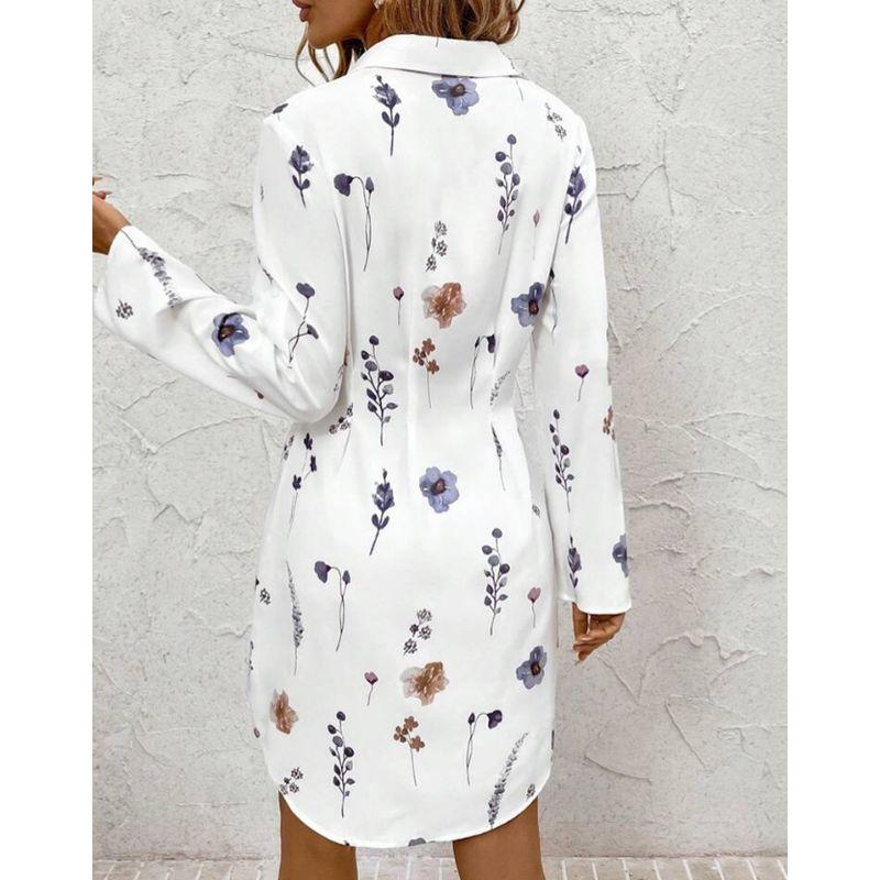 

Fashion Style Spring & Fall Female Retro Print Rolled Sleeves Waist-Controlled Long Sleeves Dress Button Cardigan Shirt Dress Skirt White L