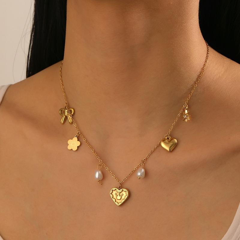 Gold Plated Multi Charm Heart Pendant Necklace, Stainless Steel Freshwater Pearl Choker, Waterproof Dainty Jewelry for Women Gift