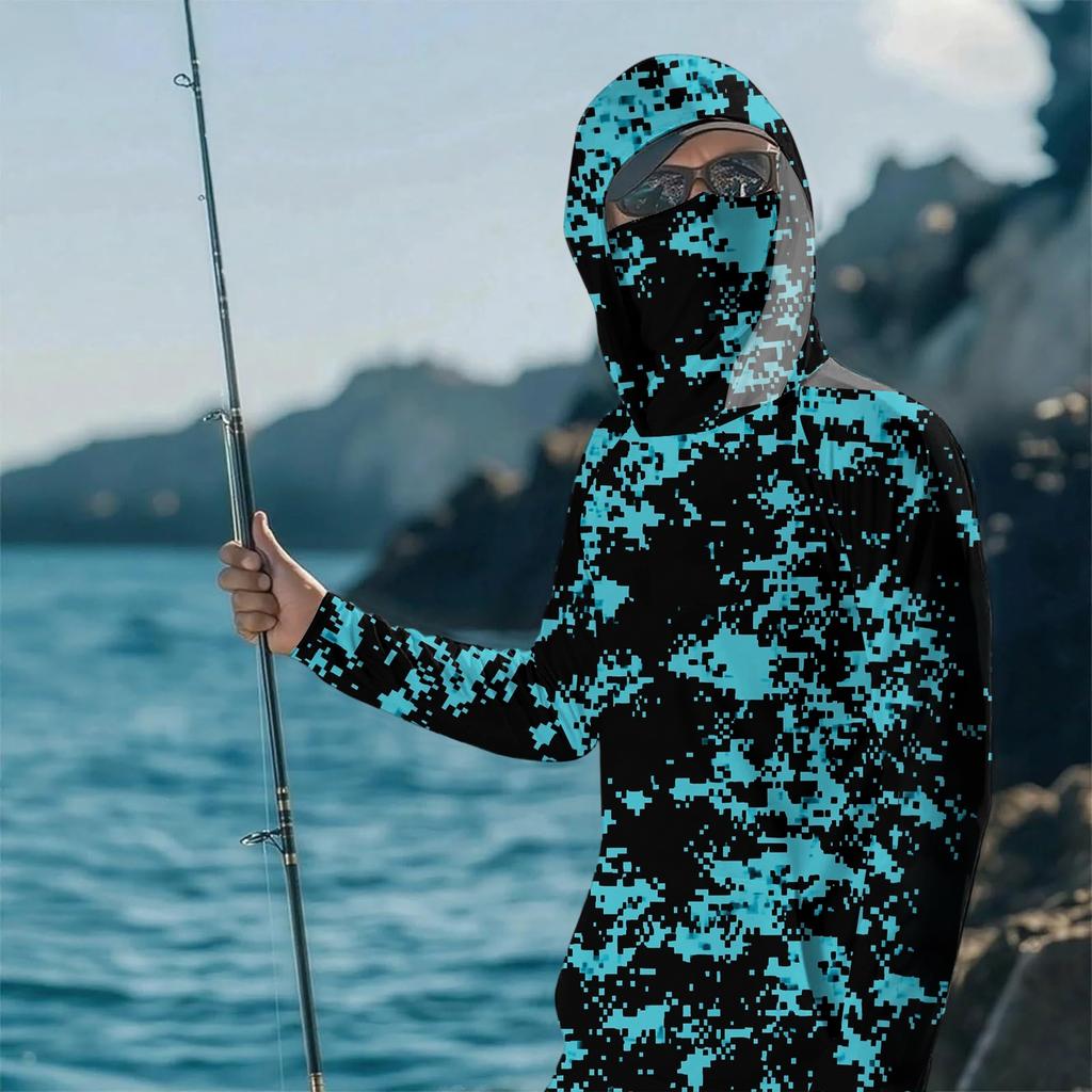 Maglia da Sole Leggera a Maniche Lunghe con Cappuccio e Copertura Facciale Integrata, Traspirante, Resistente ai Raggi UV, Top da Pesca e per Attività all'Aperto da Uomo