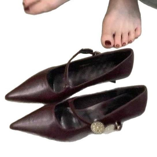 Soft leather version~ pointed temperament metal buckle one-word strap high heels light mouth low heel French commuter black single shoes women