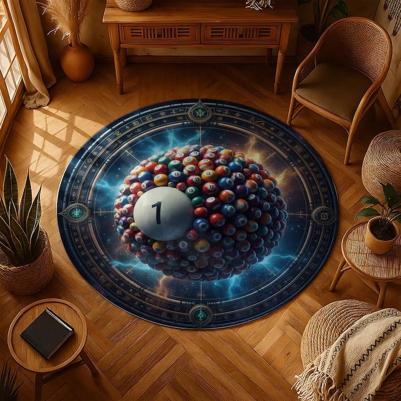 Round Rug Billiard Design Carpet Game Room Decor Man Cave Rug Home Accessories Sports Rug Entertainment Rug Personalized Rug