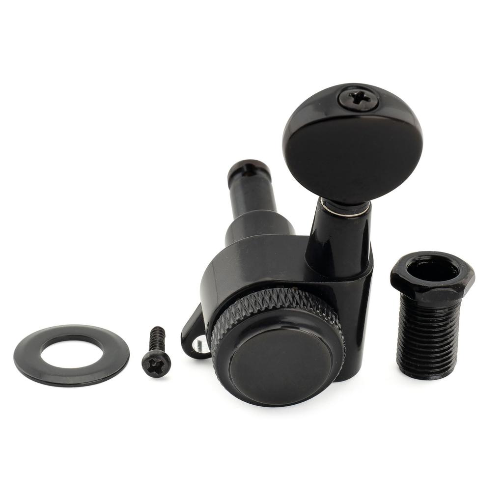 Musiclily Pro Locking Gear Vintage Oval for Stratocaster and Telecaster Electric Black Left-Handed 6-In-Line Tuners, 181 Ratio, Buttons, 45-Degree