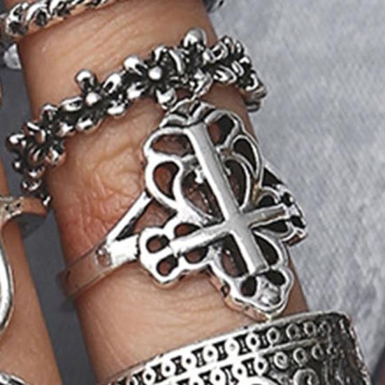19Pcs/Set Retro Hollow Lotus Flower Heart Shape Ring Set Aesthetic Enamel Silver Color Knuckle Ring Jewelry Gift