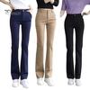 Women Suit Pants High Waist Button Zipper Fly Office Lady Trousers with Pockets Solid Color Slim Fit Straight Leg Trousers