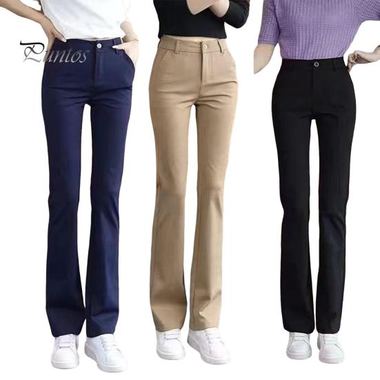 Women Suit Pants High Waist Button Zipper Fly Office Lady Trousers with Pockets Solid Color Slim Fit Straight Leg Trousers