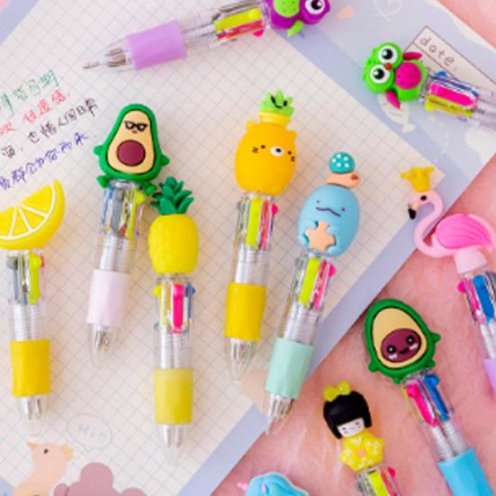 Cute 4-Color Ballpoint Pen Animal Toppers Retractable Cartoon Pens 0.7mm Tip Novelty Writing Pen for School Supplies
