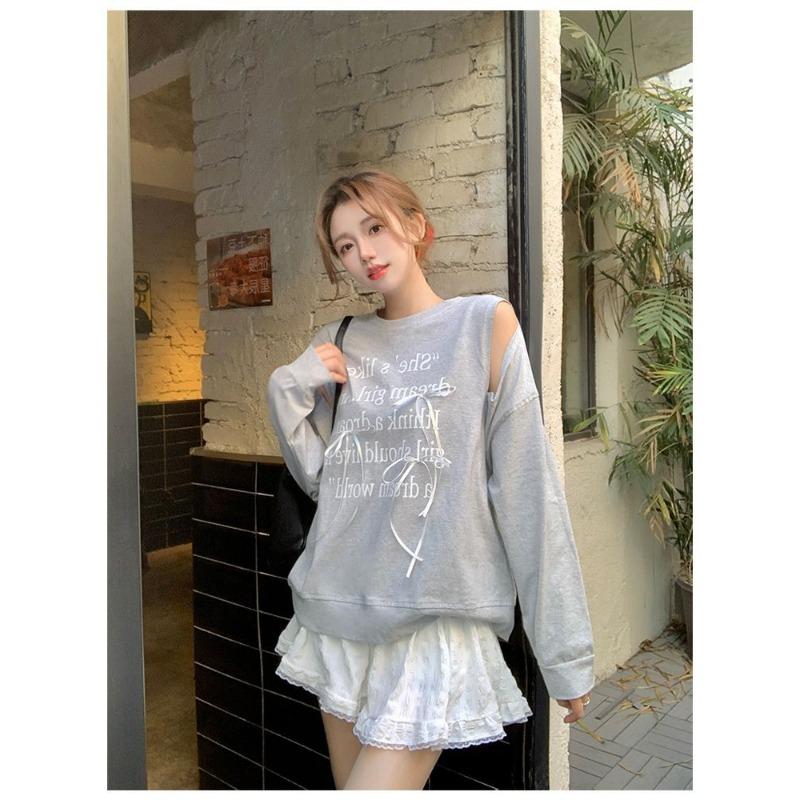 Autumn and Winter New Style Korean Design Bow Hollow Off-shoulder Letter Print Long-sleeved Off-shoulder Sweatshirt for Women