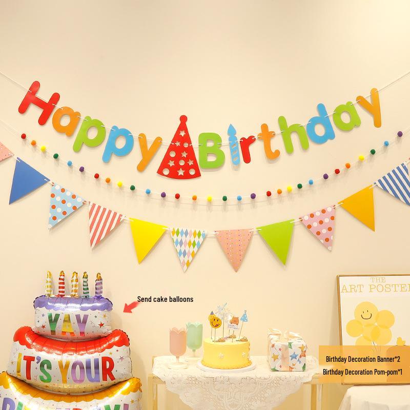 First Birthday Party Hanging Decoration: Happy Birthday Banner with Pom Poms and Bunting for Kids.