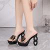 Fashion 12CM High Heels Transparent Square Toe Rhinestone Sandals Women's Club Party Sexy Model Non-slip slipper Summer