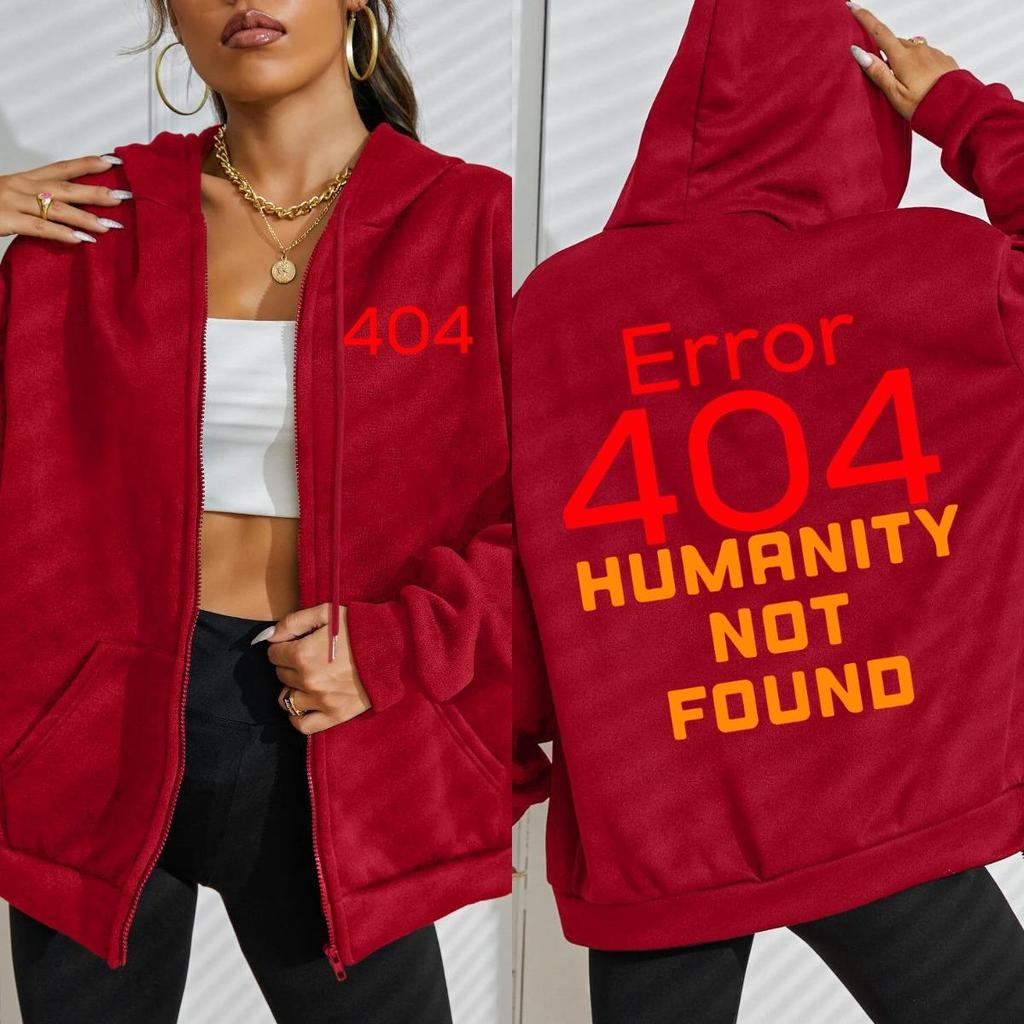 Fehler 404 Menschlichkeit nicht gefunden Design Reißverschluss-Hoodies Damenmode Weicher Hoodie Herbst Übergröße Sportbekleidung Locker