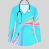 Women Plus Size Colorful Printed Nurse Scrub Top V Neck Long Sleeve With Front Pockets