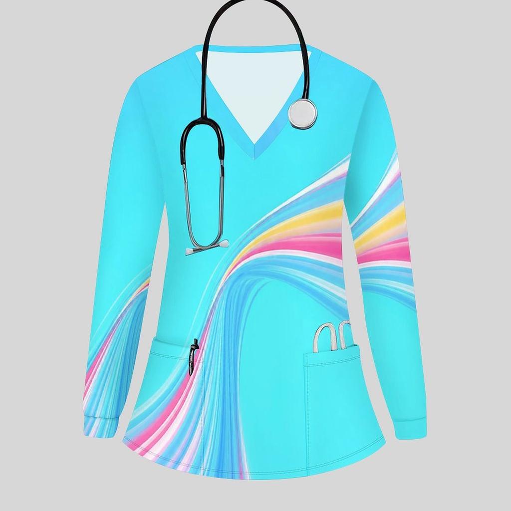 Women Plus Size Colorful Printed Nurse Scrub Top V Neck Long Sleeve With Front Pockets