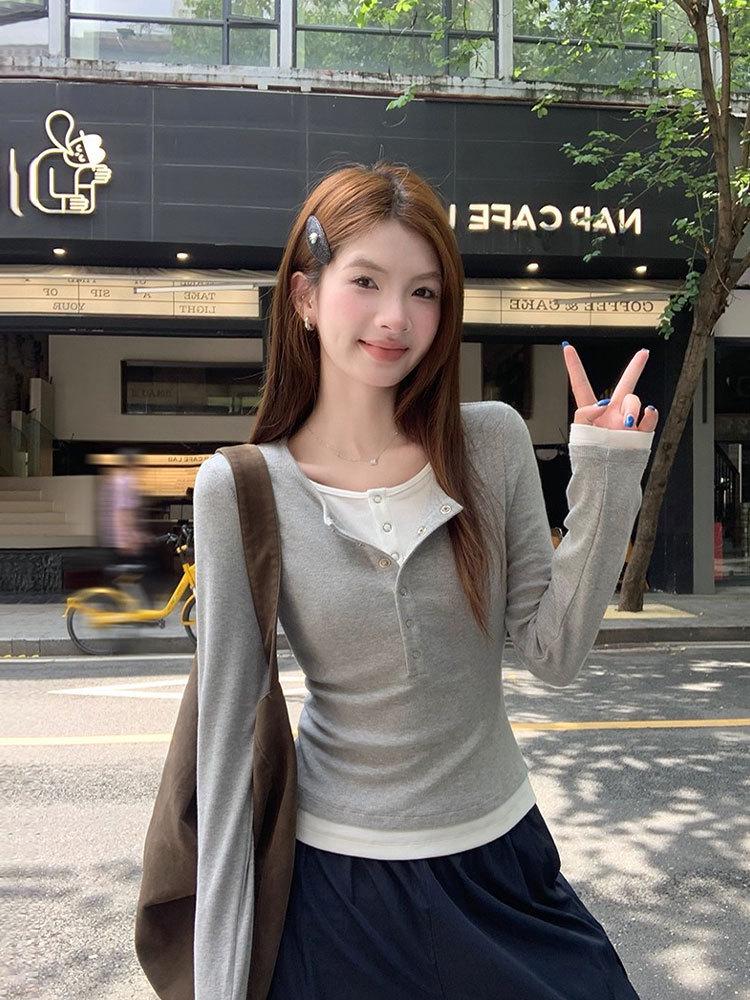 

Korean Style Faux Two-Piece Color Block Long Sleeve Women s T-shirt - Slim Fit Autumn Design with Half-Open Collar Small серый