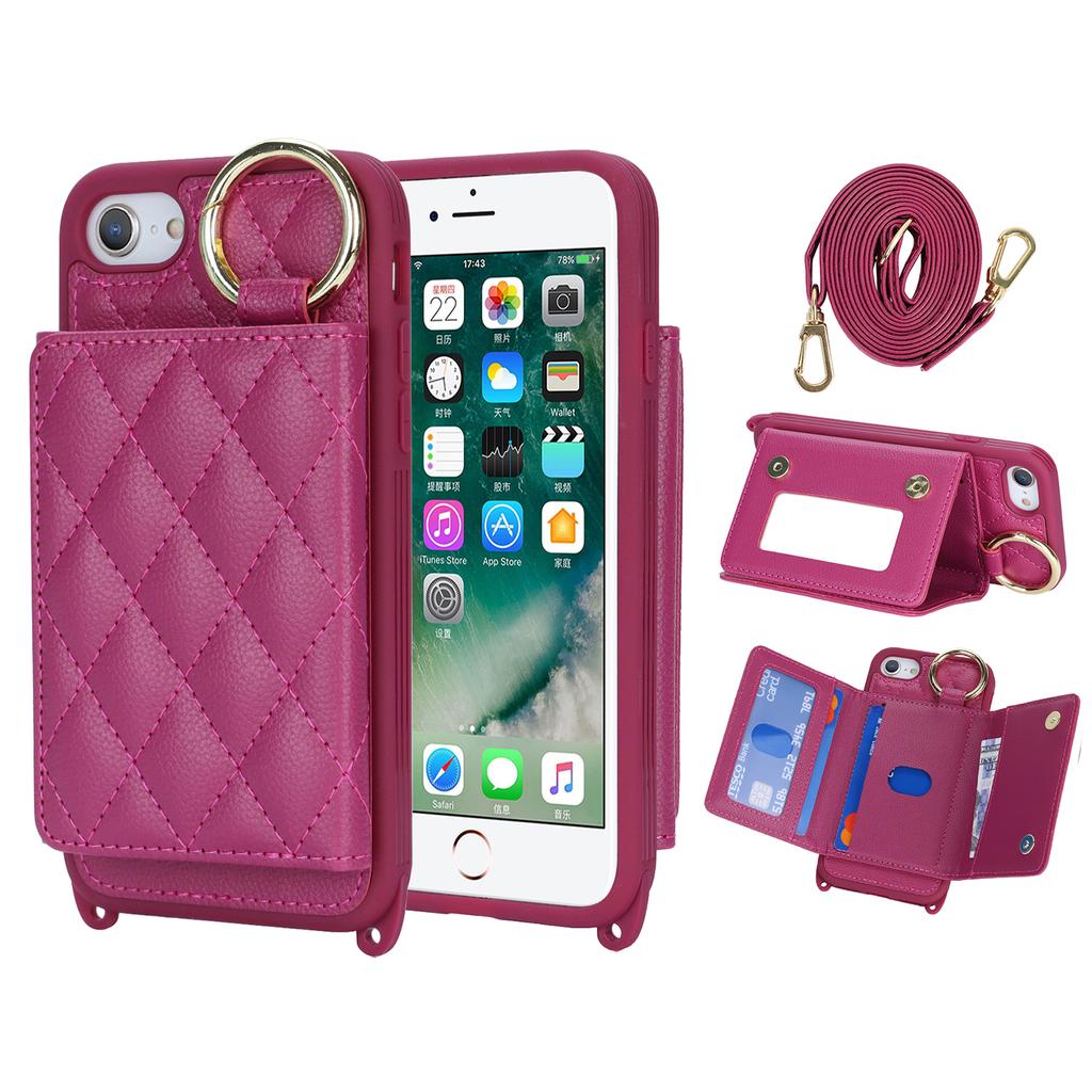 For iPhone SE (2022)/(2020)/8/7 Case with Lanyard/Mirror/Card Holder Grids Pattern RFID Blocking Phone Cover