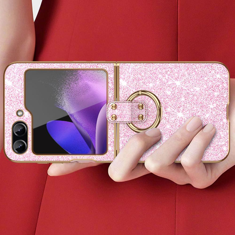For Samsung Galaxy Z Flip7 FE 5G/Z Flip6 5G Case Glitter Leather+PC Electroplating Phone Cover Ring Kickstand
