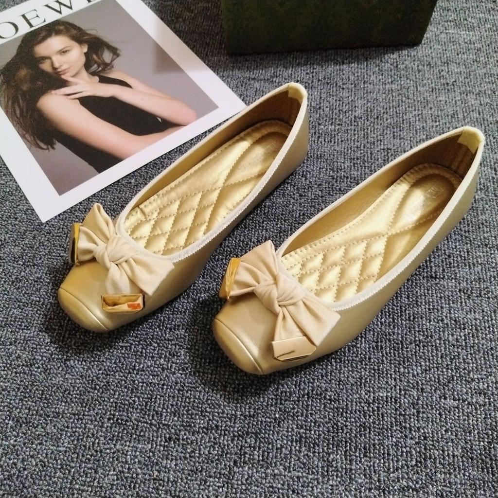 Bow Flat Shoes Women Ballet Flats Metallic Gold Square Toe Slip-On Casual for Daily Wear All-Day Comfort Plus Size 42