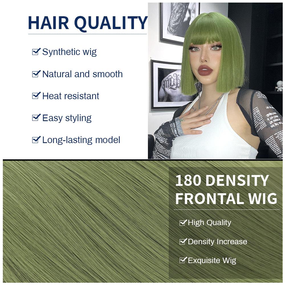 Green Short Bob Hair Synthetic Wig For Woman With Bangs Blonde Ombre Pink Cosplay Lolita Party Heat Resistant Daily Natural Hair