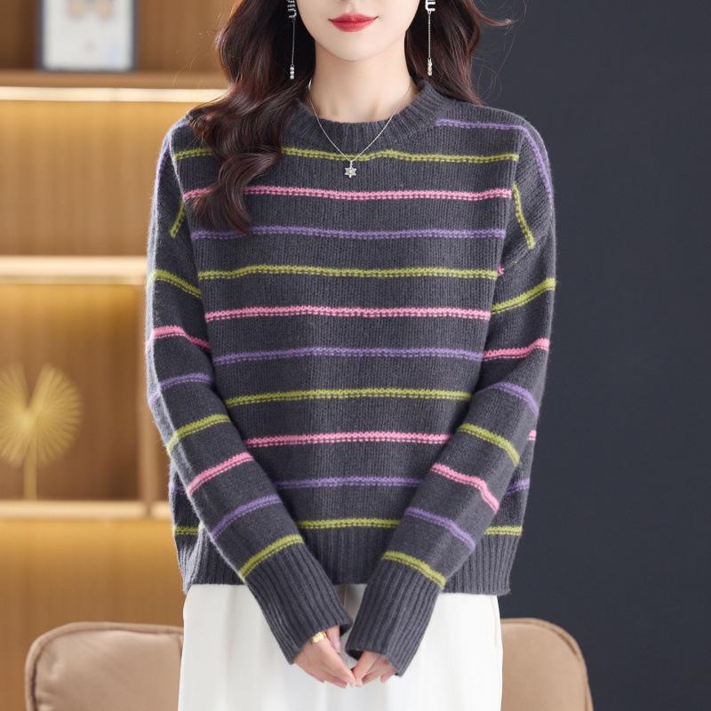 2025 Autumn/Winter Striped Color Block Slimming Knit Top