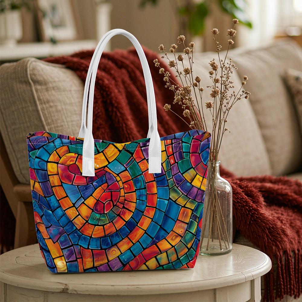 Colorful Mosaic Pattern Tote Bag Large Capacity Portable Daily Shoulder Bag Casual Stylish Women Grocery Shopping Handbag