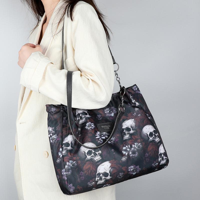Vintage Gothic Waterproof Oxford Shoulder Bag Aesthetic Skull Print Purses Women Handbag Large Capacity Messenger Totes MIT