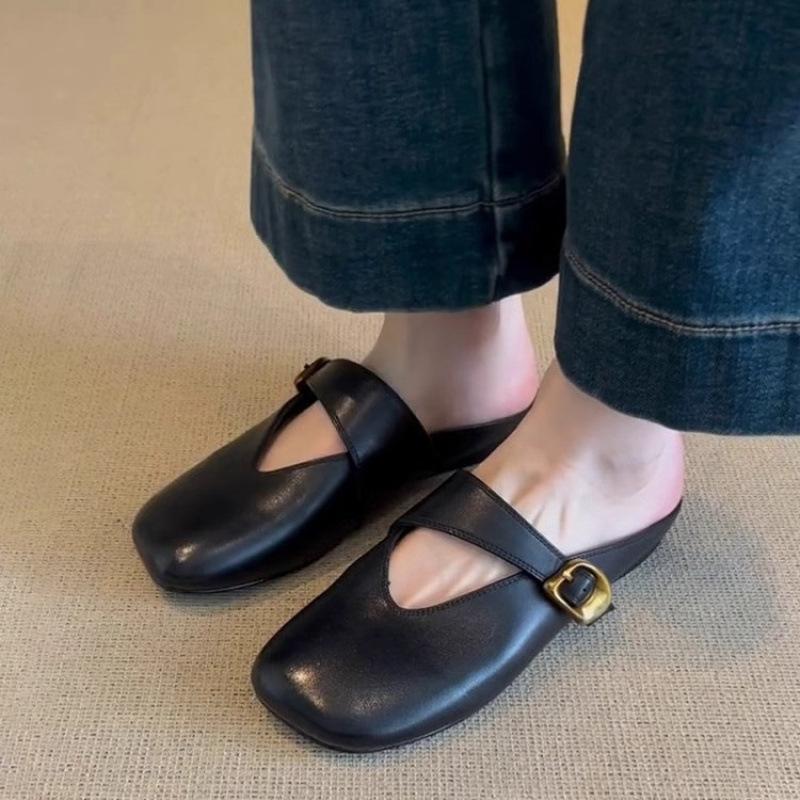 

Французские сумки, головные полушлепанцы, мода 2025, летняя обувь на плоской подошве, квадратный носок, ленивые универсальные крутые шлепанцы, кожаные сандалии 40 чёрный