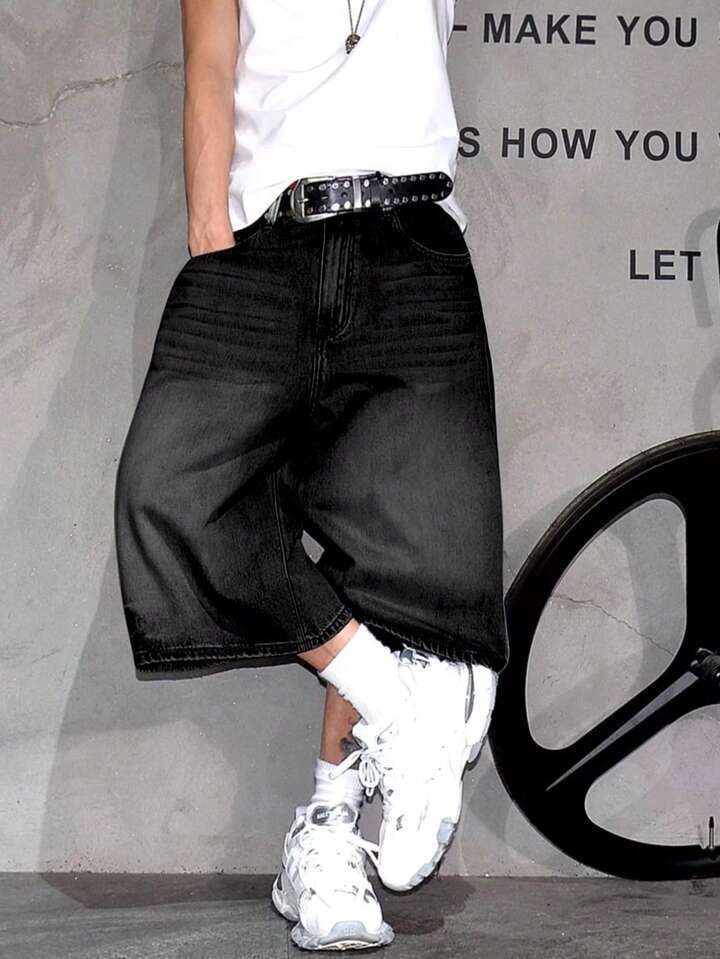 Men's Street Trend Denim Cropped Pants Black Old Loose Edition Summer Casual Jeans
