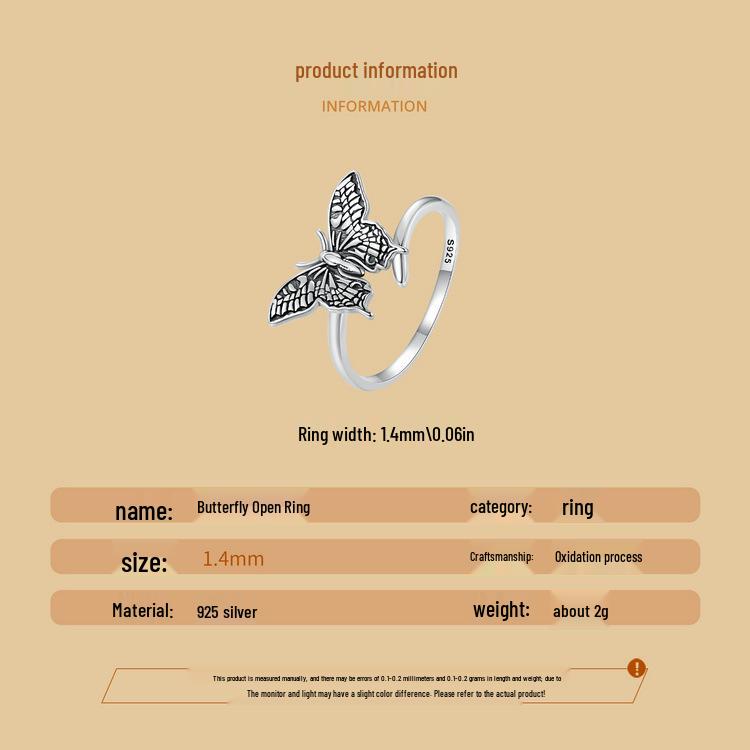 S925 Sterling Silver Butterfly Rose Earrings & Ring Set - Open Ring Design for Women