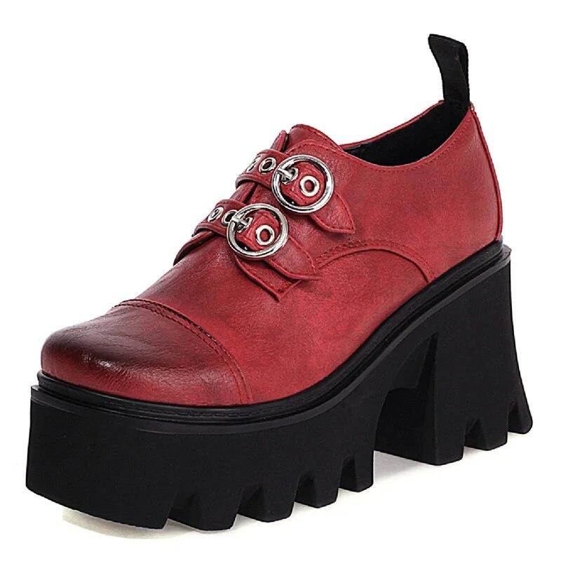 Gothic Oxfords Shoes For Women Pu Leather Black Red Flats Platform Chunky Heels Women Pumps Japanese Buckle Shoes Girls Est