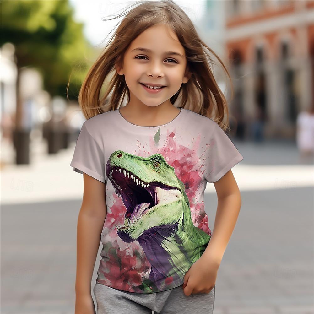 Girls' 3D Floral Dinosaur Tee Shirts Pink Short Sleeve 3D Print Summer Active Fashion Top